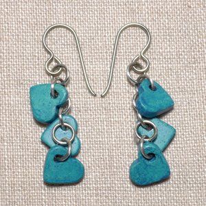Hand Crafted Handmade Earrings Turquoise Ceramic Chain of Hearts Long Ea…